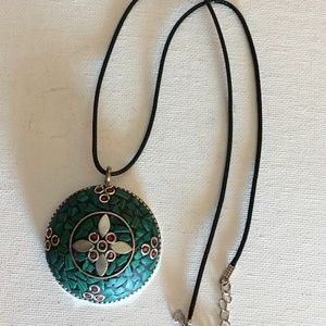 Mosaic Round Pendant Tibetan Silver Necklace, Vintage Malachite Red Design, Cord